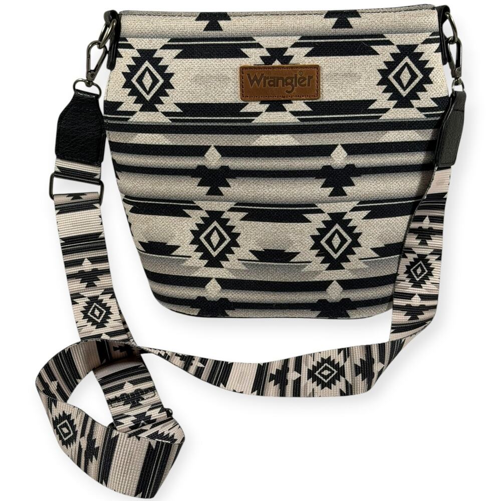 Wrangler Crossbody Handbag, Aztec Print Canvas, Wide Matching Strap, Gray/Black